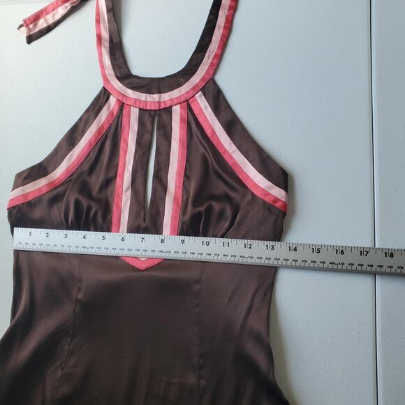 Y2K Bebe Halter Tank Top Womens XS Brown Pink Silk Embroidered Floral Boho - Picture 5 of 9